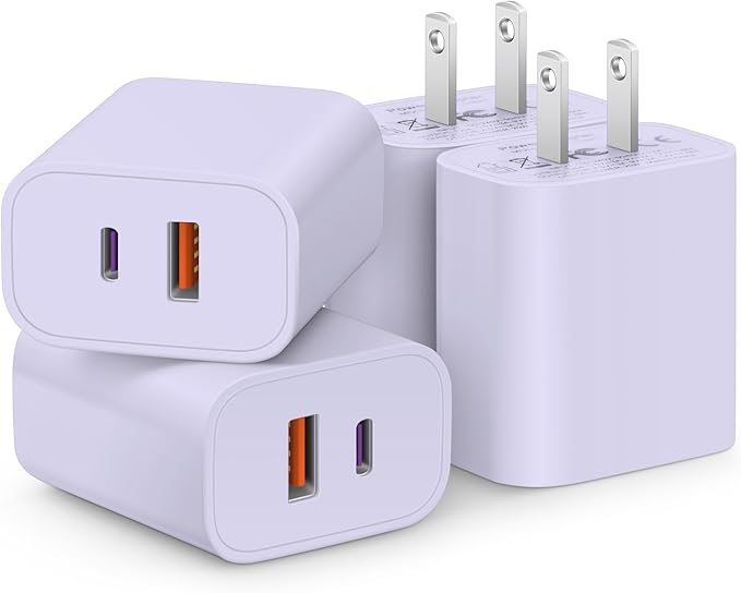 [4 Pack] USB C Charger Block Fast Charging Multiport Adpater [PD 20W USB-C & QC 3.0 USB-A Port] for i Phone 17/16/15/14/13/12/11/X/8, i Pad, Galaxy, Google, Galaxy & More [Purple]