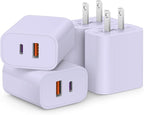 [4 Pack] USB C Charger Block Fast Charging Multiport Adpater [PD 20W USB-C & QC 3.0 USB-A Port] for i Phone 17/16/15/14/13/12/11/X/8, i Pad, Galaxy, Google, Galaxy & More [Purple]