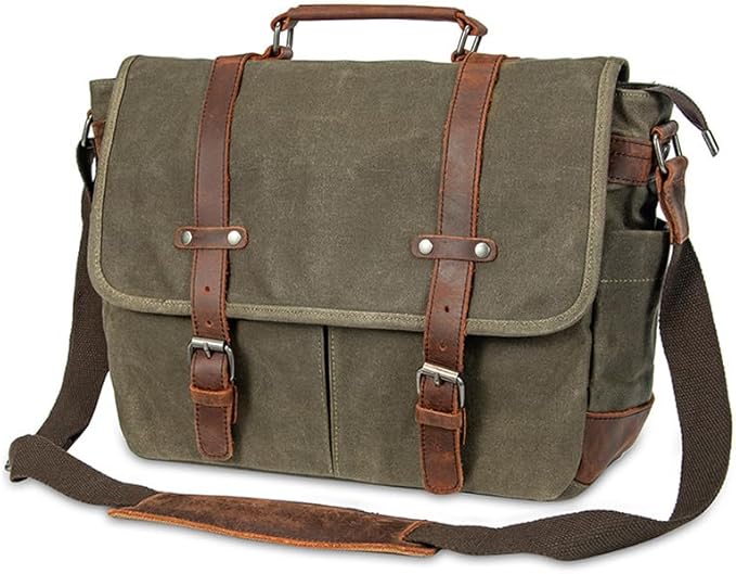 Vintage Genuine Leather Waxed Canvas Briefcase Large Satchel Shoulder Bag Rugged Computer 15.6" Laptop Bag
