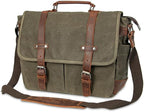 Vintage Genuine Leather Waxed Canvas Briefcase Large Satchel Shoulder Bag Rugged Computer 15.6" Laptop Bag