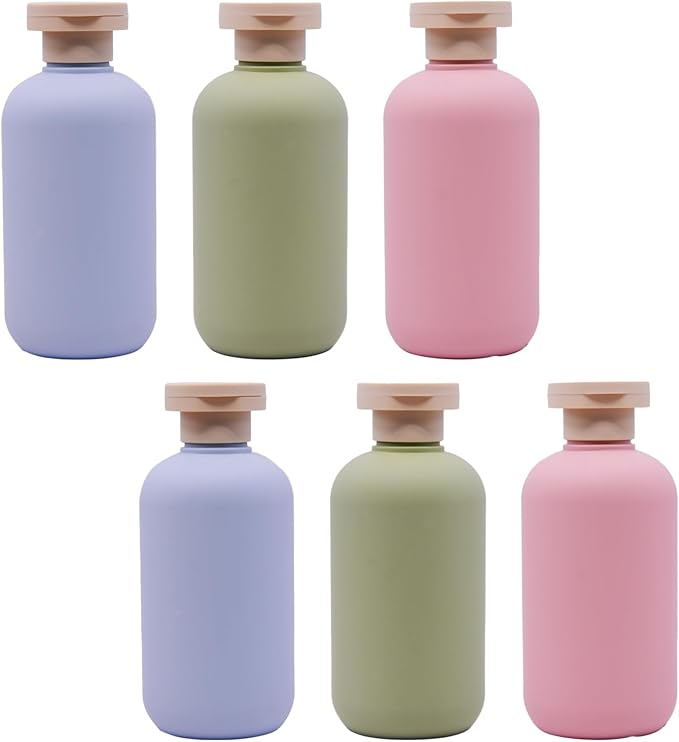 6 Pack Leakproof Travel Bottles 6.8oz | Squeeze Shampoo & Lotion Containers with Locking Flip Caps | Food Grade HDPE/PP for Toiletries, Gym, Camping (Green+Blue+Pink)