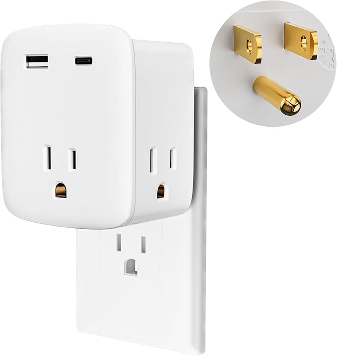 Multi Plug Outlet Extender, 3 AC Outlets with 2 USB Charging Ports (1 USB-C/1 USB-A), 3-Sided Power Strip with Lip, Small Wall Tap Plug Splitter for Cruise Dorm Essentials Home Office, ETL Listed