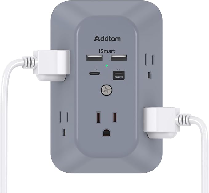 Addtam Surge Protector Outlet Extender, Multi Plug Wall Outlet with 4 USB Ports(PD 20W), 3-Sided 1800J Power Strip Plug Extension Outlet Splitter, Gray