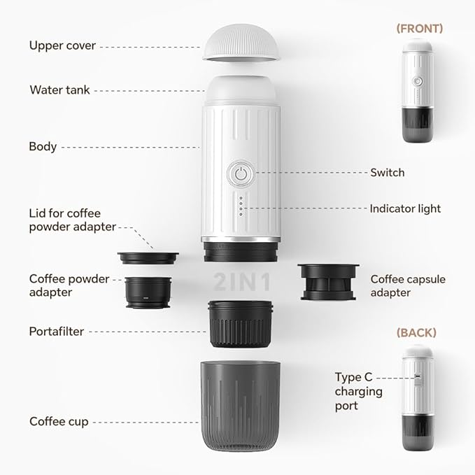 Portable Electric Espresso Machine, Travel Coffee Maker for Camping, On the Go Car Coffee Maker Self-Heating with USB-C, With Ground Coffee & N Espresso Capsule for RV/Hiking/Office, White