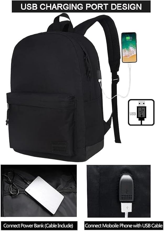 SUPACOOL Casual Laptop Backpack for Men and Women, Work backpack, Black Backpacks, College School Backpack for Boys and Girls, Lightweight Travel Back Pack(Black)