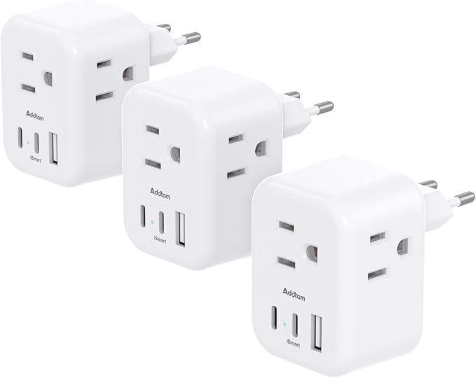3 Pack European Travel Plug Adapter, Addtam US to Europe Plug Adapter with 3 Outlets 3 USB Charger (2 USB C Port), Type C Power Adaptor to Italy Spain France Portugal Iceland