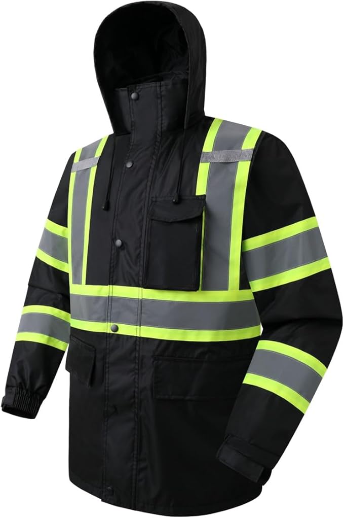 JKSafety Hi-Vis Reflective Safety Rain Jacket for Men Women Waterproof Rain Gears for Farming Fishing Work HV Rain Jacket with Inner Mesh Lining and Pockets (117A-Black M)