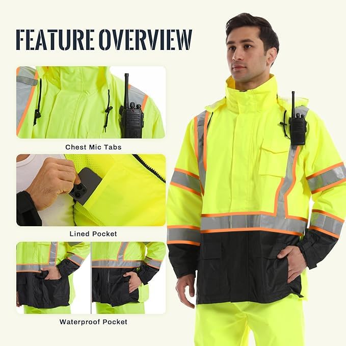SKSAFETY Hi Vis Safety Rain Jacket for Men, Construction Work Rain Gear Heavy Duty Class 3 Rain Coat Waterproof Lightweight