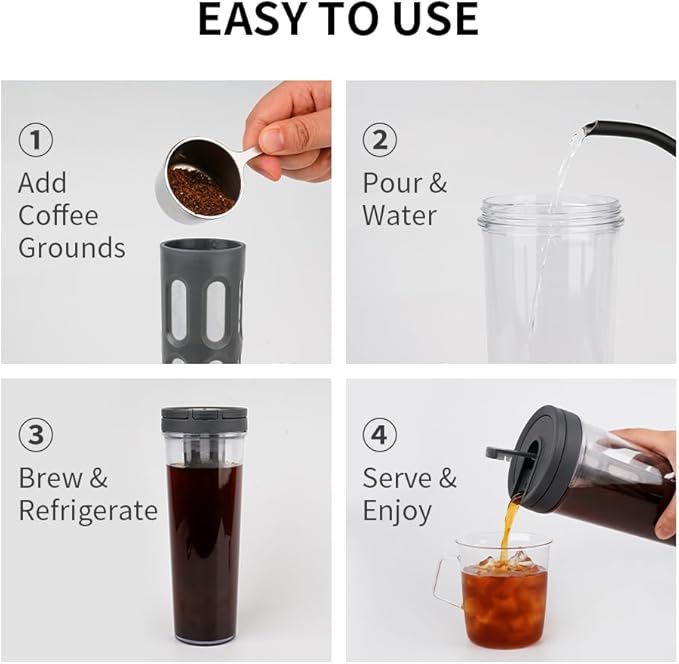 watchget Portable Cold Brew Coffee Maker 34oz/1L Iced Coffee Maker and Tea Brewer Leak-Proof Removable Fine Mesh Filter Perfect for Outdoor Camping Trip (White)