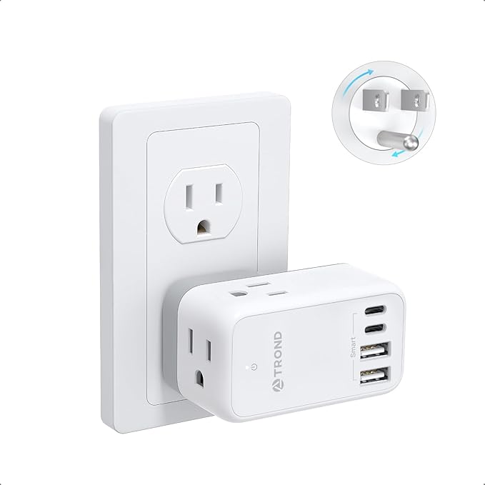 TROND Multi Plug Wall Outlet - Outlet Extender with 360° Rotating Plug, 3 AC Outlet Splitter with 4 USB Ports(2 USB C), 3-Sided Wall Outlet Expander, Small Plug Adapter for Home Cruise Essentials