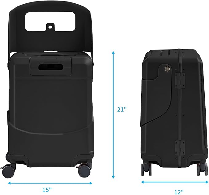 TABU 20" Ride on Luggage with Foldable Seat，Front-Opening Carry On Suitcase with Built-in USB & Type-C Port, TSA Lock and 360° Silent Spinner, for Kids & Adults, Black
