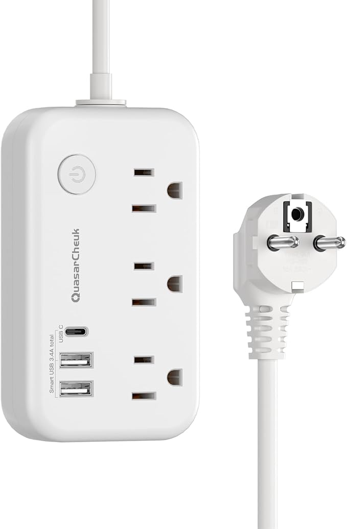 Type E F Plug Adapter, Germany France Travel Plug Adapter with 3 Outlets 3 USB Ports，Schuko Plug Power Adaptor for US to Europe EU Spain Iceland Korea Greece Norway Russia German French, 4ft