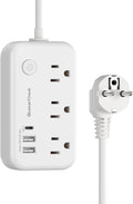 Type E F Plug Adapter, Germany France Travel Plug Adapter with 3 Outlets 3 USB Ports，Schuko Plug Power Adaptor for US to Europe EU Spain Iceland Korea Greece Norway Russia German French, 4ft