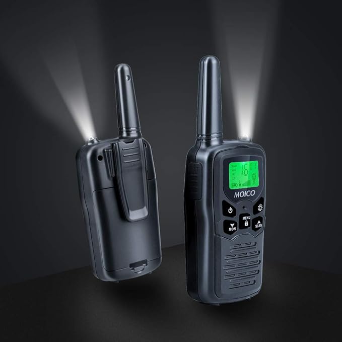 MOICO Long Range Walkie Talkies for Adults with 22 FRS Channels, Family Walkie Talkie with LED Flashlight VOX LCD Display for Hiking Camping Trip (Black 2 Pack)