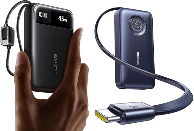 Baseus 20000mAh Compact Portable Charger 45W Built-in Dual USB-C Cables Bundle with 10000mAh Fast Charging Portable Charger Built-in 45W Retractable USB-C Cable