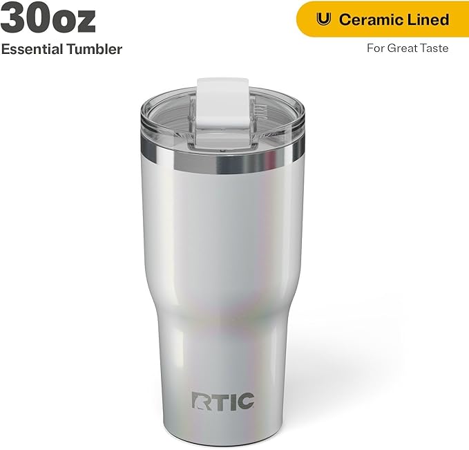 RTIC 30oz Essential Tumbler with Lid, Ceramic Lined, Insulated, Stainless Steel, Metal, Double Wall Vacuum-Insulation, Travel Cup for Iced Coffee, Tea, Hot and Cold Drink, Cool Grey Glitter