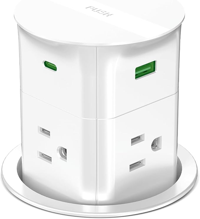 Power Strip Pop up Outlet for Countertop,PD 65W USB C,4 USB Ports,4 Outlets Tamper Resistant,Flush Mount,Space Saver Recessed Receptacle,ETL Listed (White, 6FT_4 Outlets_65W USB)