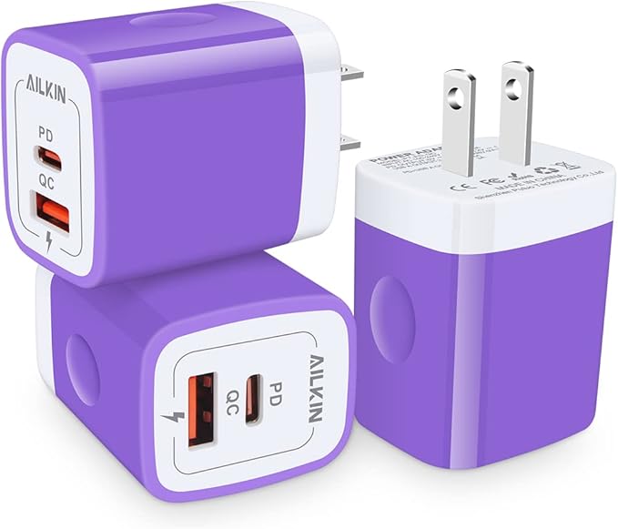 USB C Wall Charger, AILKIN 3Pcs 20W PD + QC3.0 USBC Charger Block Super Fast Power Output Rapid Charging Box Wall Plug Cube for Apple iPhone, Samsung Galaxy, Motorola, LG, Google Pixel - Purple