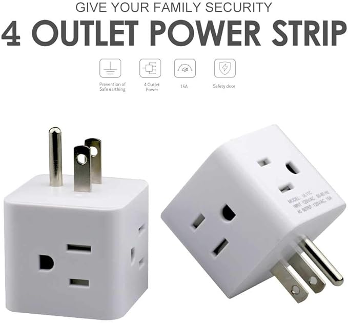 Multi Plug Outlet Extender, Vsanstar 3 Prong Wall Tap 4 Way AC Electrical Outlets Power Strip, Power Plug Splitter Grounded to USA Adapter for Home Office, Kitchen (USA Plug Outlet)
