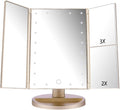 deweisn Floor Mount Tri-Fold Lighted Vanity Mirror with 21 LED Lights, Touch Screen and 3X/2X/1X Magnification, Two Power Supply Modes Make Up Mirror,Travel Mirror
