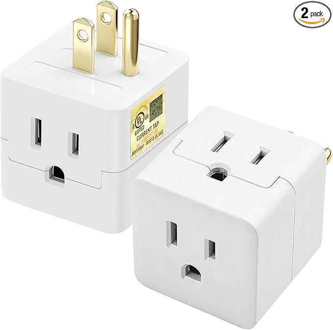 3 Outlet Wall Adapter,UL Listed Outlet Splitter 3 Prong,Cube Tap Plug Extender,3 Way Wall Outlet Adapter,Multiple Plug Expander,White,2 Pack