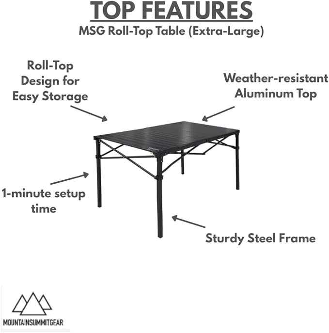 MOUNTAIN SUMMIT GEAR Heavy-Duty Roll-Top Table for Camping - Portable Aluminum-Top Folding Table with Steel Frame by Caddis Sports, Inc. (Extra Large)