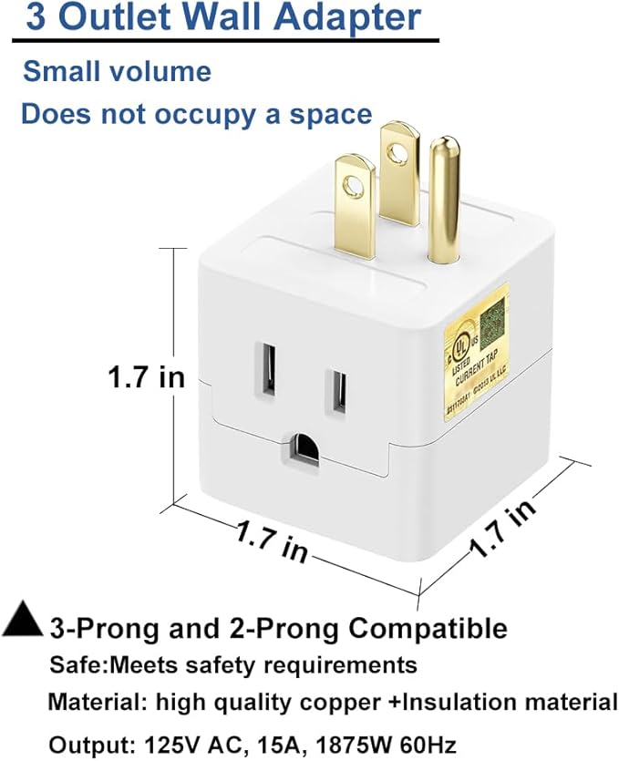3 Outlet Wall Adapter,UL Listed Outlet Splitter 3 Prong,Cube Tap Plug Extender,3 Way Wall Outlet Adapter,Multiple Plug Expander,White,2 Pack