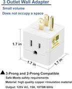 3 Outlet Wall Adapter,UL Listed Outlet Splitter 3 Prong,Cube Tap Plug Extender,3 Way Wall Outlet Adapter,Multiple Plug Expander,White,2 Pack