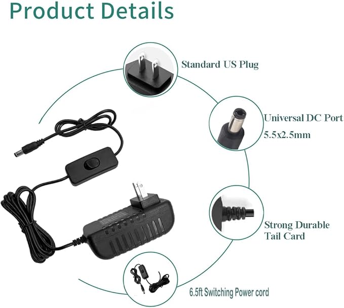 24V 1A AC Power Supply with On/Off Switch Adapter 100-240V to DC 24V Power Adapter Transformer DC 6.2FT Power Cord with 5.5x2.5mm Plug
