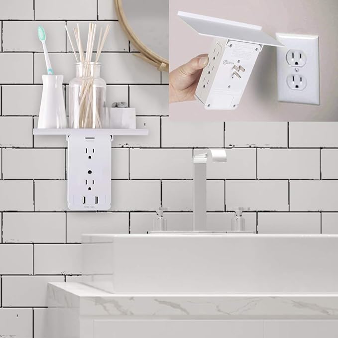 Socket Wall Shelf-CFMASTER 10 Port Surge Protector Wall Outlet, 8 Electrical Outlet Extenders and 2 USB Ports 2.4A, with Removable Built-In Shelf, FCC Listed (2, White)