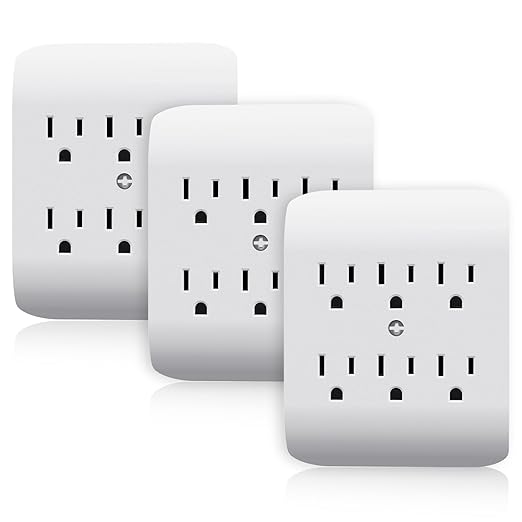 ELEGRP 6-Outlet Extender with Central Anchor, 3-Prong Grounded Wall Tab, Multiple Outlet Extender with 6 Electrical Outlets, ETL Listed, 3 Packs, White