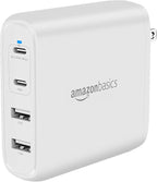 Amazon Basics 100W Four-Port GaN Wall Charger with 2 USB-C (100W, 18W) & 2 USB-A Ports (12W), PD 3.0, Foldable Plug, Portable Multi-Device Charging for Laptops, Tablets & Phones, White