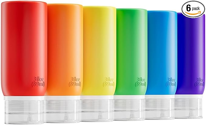 6 Pack Travel Bottles for Toiletries - TSA Approved 3oz Leakproof Travel Size Containers, BPA Free Silicone Refillable Squeezable Bottles, Travel Essentials for Shampoo and Conditioner (Multicolor)