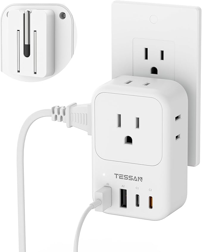 TESSAN USB C Charger Block 20W PD, Fast Charging Adapter with Foldable Plug, 1875W Power Outlet Extender(4 AC and 4 USB) for Cruise, Home, Office, Dorm Room Essentials, White
