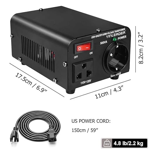 Yinleader 110v to 220v European Voltage Converter Transformer 500W Step Up Converter 110/120 Volt to 220/230/240 Volt or Step Down 220 to 110,[110V US Power Cord Included Only, No 220V Cord]