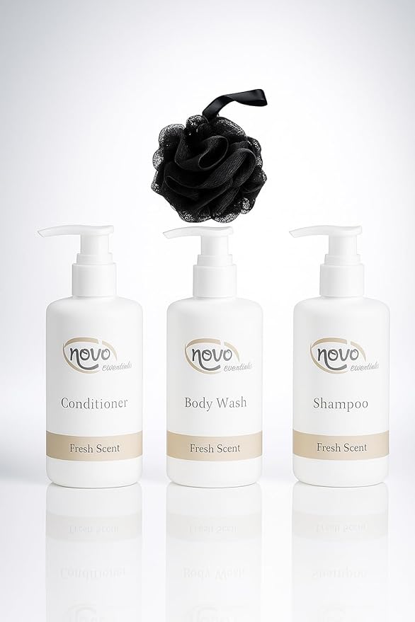 Novo Essentials Bath Gift Set, Body Wash, Shampoo and Conditioner with Loofah by ELO.