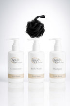 Novo Essentials Bath Gift Set, Body Wash, Shampoo and Conditioner with Loofah by ELO.