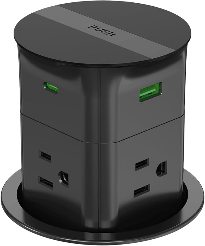 Power Strip Pop up Outlet for Countertop,PD 65W USB C,4 USB Ports,4 Outlets Tamper Resistant,Flush Mount,Space Saver Recessed Receptacle,ETL Listed (Black, 6FT_4 Outlets_65W USB)