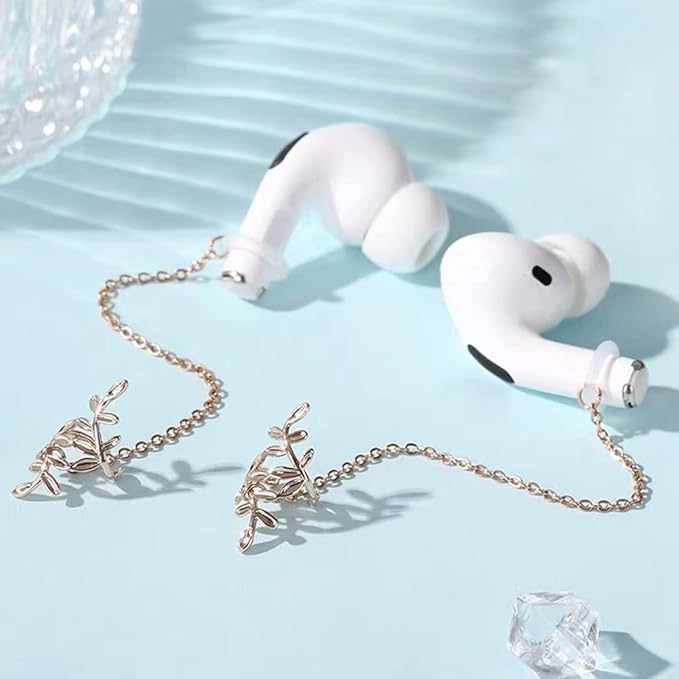 ZOSTLAND 1 Pair Creative Earphone Anti Lost Earring Clip Earclip Strap Wireless Earhook Earbud Ear Bud Holder Connector Compatible with Airpods 1/2/Pro/3 Beats Fit Pro Sony (Golden Leaf)