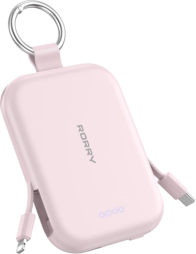 RORRY CharmGo Portable Charger, 5000mAh Portable Charger Power Bank with Built-in Cables, Travel Keychain Charger Battery Pack for iPhone 17/16/15/14/13/12, for AirPods 2/3/4/Pro, Pink