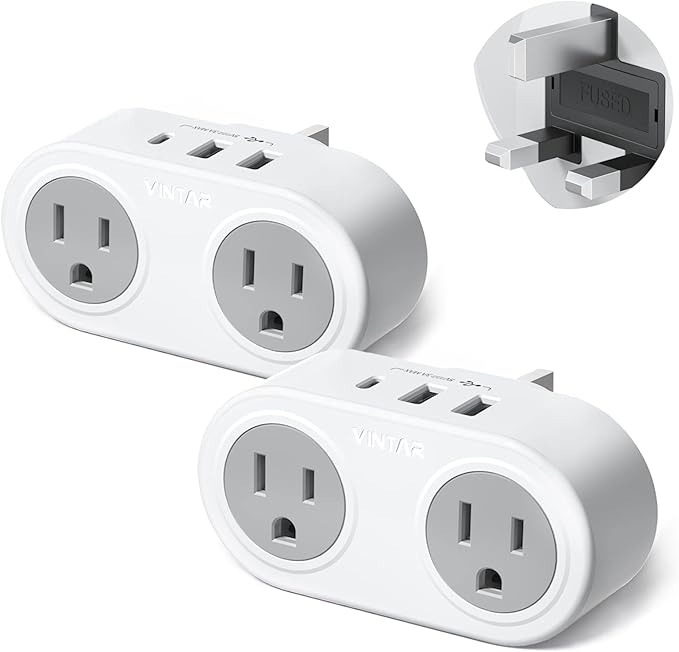 US to UK Ireland Travel Plug Adapter 2 Pack, VINTAR Type G Plug Adapter with 2 Outlets 3 USB Ports(1 USB-C), UK Power Adaptor for USA to England Scotland Dubai Hong Kong British Kenya London