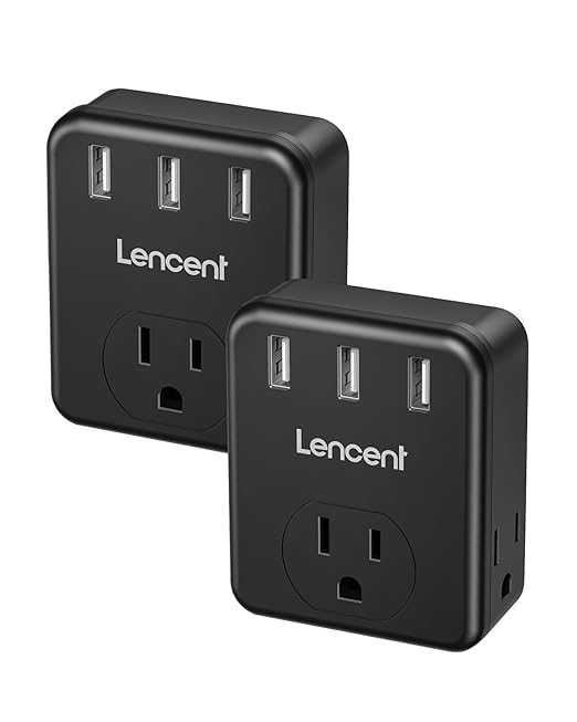 LENCENT Multi Plug Outlet Extender, 2 Pack, USB Brick, 3 Outlets Splitter with 3 USB Ports, Wall Charger, 3 Prong Power Charging Box Expander for Home, Office, Hotel - Black