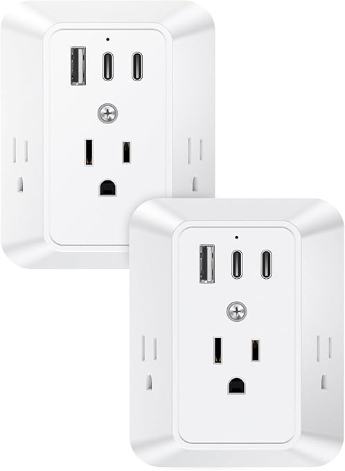 New Multi Plug Outlet,3 Outlet Extender 3 USB Ports (2 USB C), 1050J Power Strip Electrical Outlet Splitter Wall Plug Adapter Spacer for Home Travel Office(2 Pack)