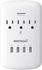 Oviitech Multi Outlet Wall Mount Adapter Surge Protector with 4 (4.2 AMP) USB Charging Ports,3 Outlet Extender Socket Plugs,White,ETL Certified.