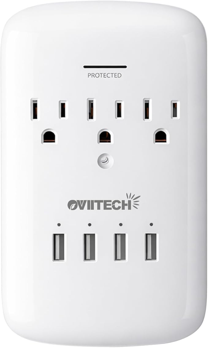 Oviitech Multi Outlet Wall Mount Adapter Surge Protector with 4 (4.2 AMP) USB Charging Ports,3 Outlet Extender Socket Plugs,White,ETL Certified.