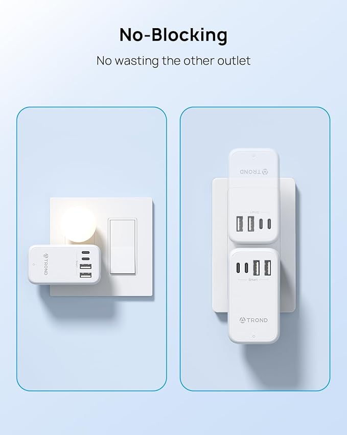 TROND Outlet Splitter with 360 Rotating Plug, 3 AC Plug Extender with 2 USB-C & 2 USB-A Ports, Additional Outlets Off to Side, Useful Adapter with Rotating Design for Home Travel Cruise Essentials