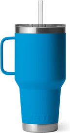 YETI Rambler 35 oz Tumbler with Handle and Straw Lid, Travel Mug Water Tumbler, Vacuum Insulated Cup with Handle, Stainless Steel, Big Wave Blue