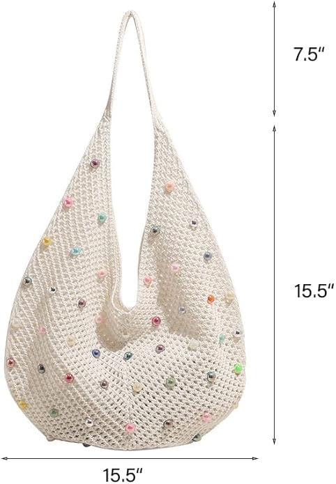 Boho Crochet Beach Tote Shoulder Bag with Colored Beads | Colorful Aesthetic Hippie Knit Bag for Women