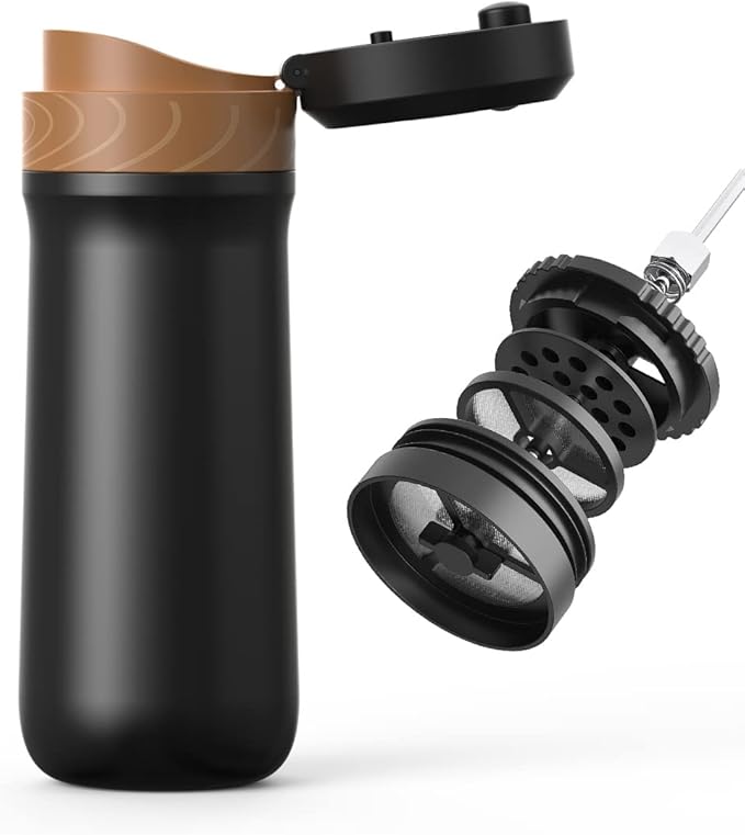 Portable French Press Coffee Maker Car-Go Vacuum Insulated Bottle, Travel French Coffee Maker With Unique Filter Stainless Steel Tea/Coffee Mug For Camping, 320ML