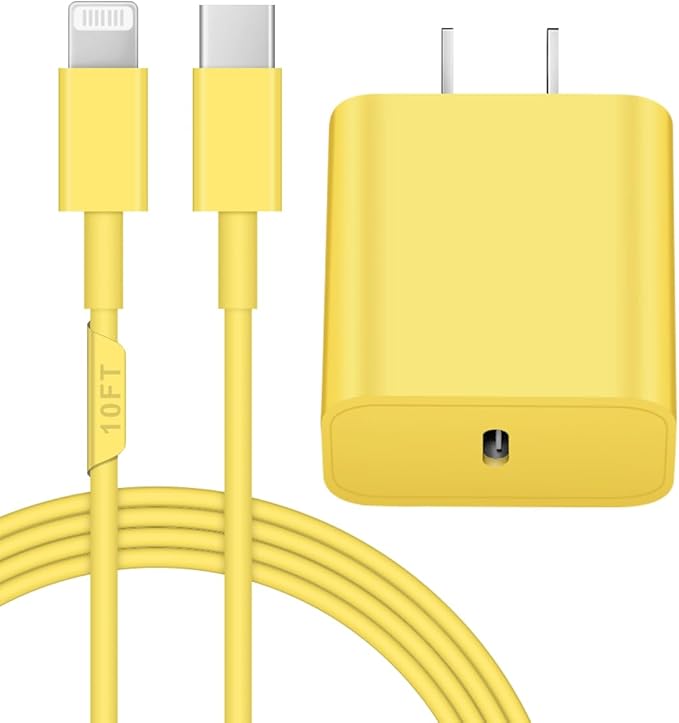 10FT iPhone 14 13 12 Charger Fast Charging 20W PD USB C Wall Charger with 10FT Fast Charging Cable Compatible iPhone 14/13/12/11/Pro/Pro Max/Mini/Xs Max/XR/X, iPad - Yellow